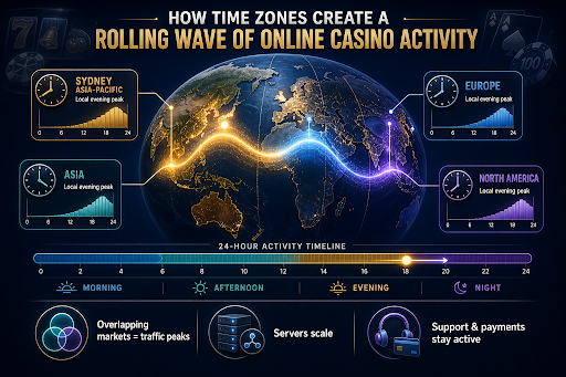 How Time Zones Create a Rolling Wave of Online Casino Activity